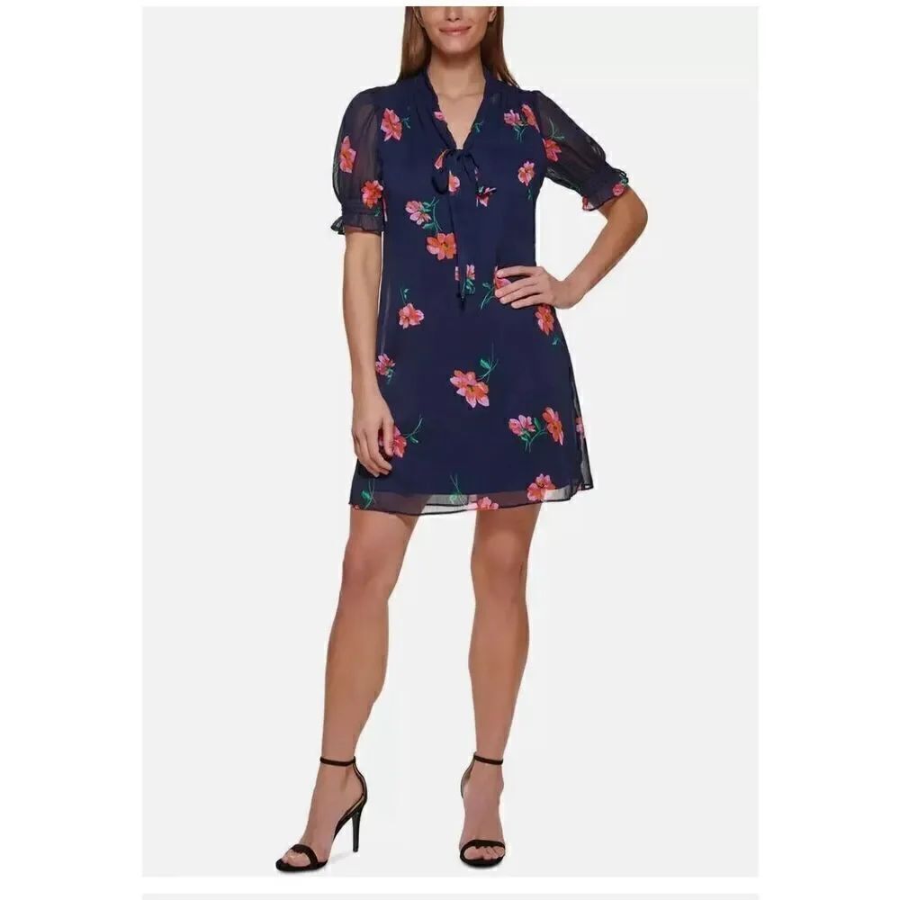 DKNY size 8 NWT Navy Blue Floral Chiffon Tie Neck Swiss Dot Short Sleeve Dress
